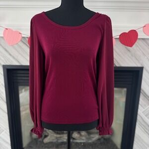 Loft Knit Top Balloon Sleeve‎ Blouse Casual Pullover Burgundy Medium